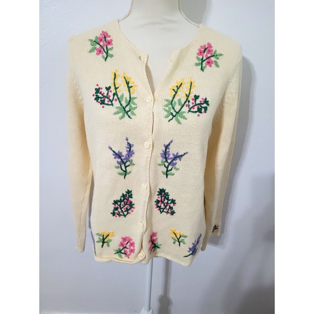 Cottagecore Ivory Knit Vintage Embroidered Floral Button Cardigan Sweater